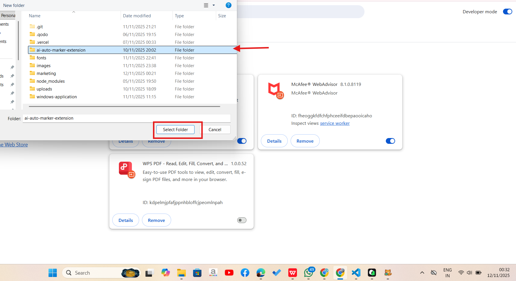 Step 5: Select extension folder